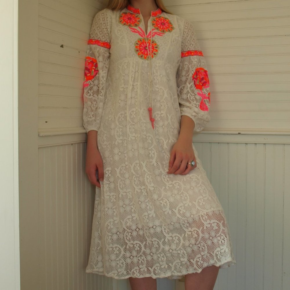 cotton lace medallion boho midi dress